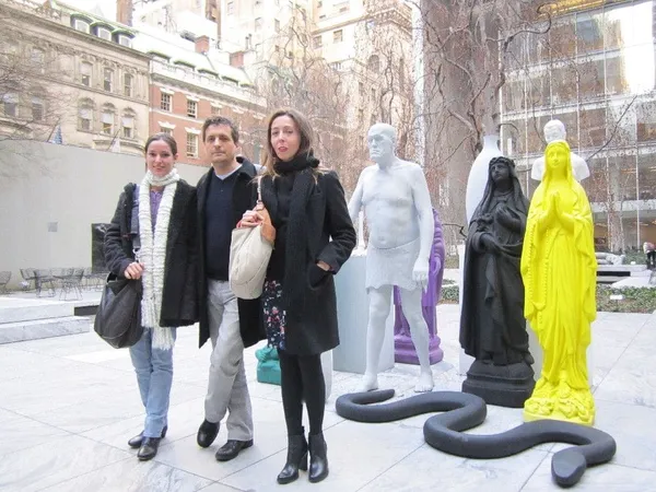 Aquarius producer Emilie Lesclaux and director Kleber Mendonça Filho with Anne-Katrin Titze in the Museum of Modern Art sculpture garden for Neighboring Sounds
